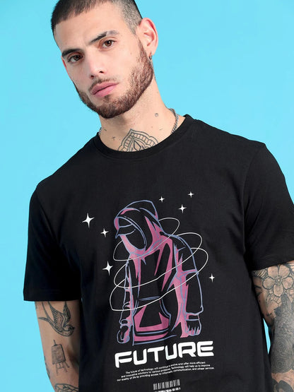 Silisoul Black Regular Fit Graphic Print Cotton T-Shirt