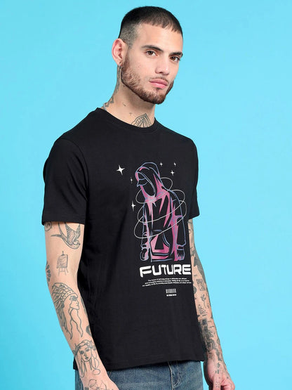 Silisoul Black Regular Fit Graphic Print Cotton T-Shirt