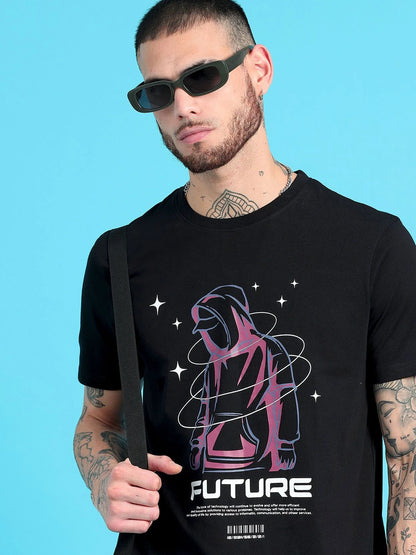 Silisoul Black Regular Fit Graphic Print Cotton T-Shirt
