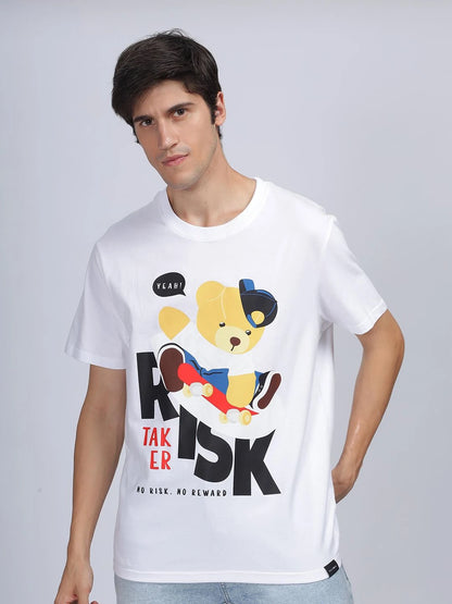 Silisoul White Regular Fit Graphic Print Pure Cotton T-Shirt