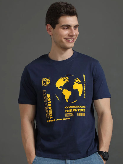 Silisoul Navy Blue Regular Fit Graphic Print Pure Cotton T-Shirt
