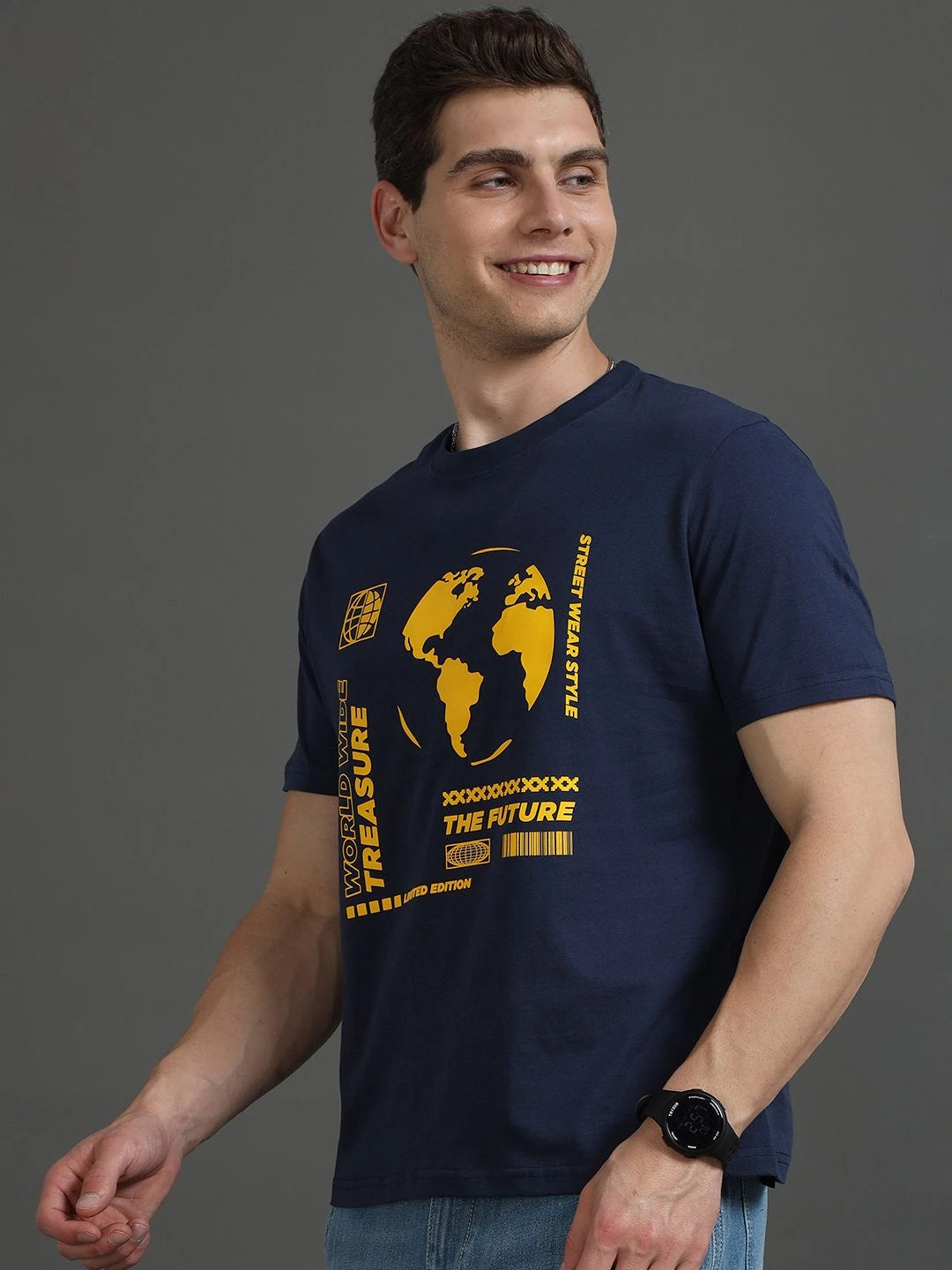 Silisoul Navy Blue Regular Fit Graphic Print Pure Cotton T-Shirt