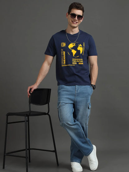Silisoul Navy Blue Regular Fit Graphic Print Pure Cotton T-Shirt