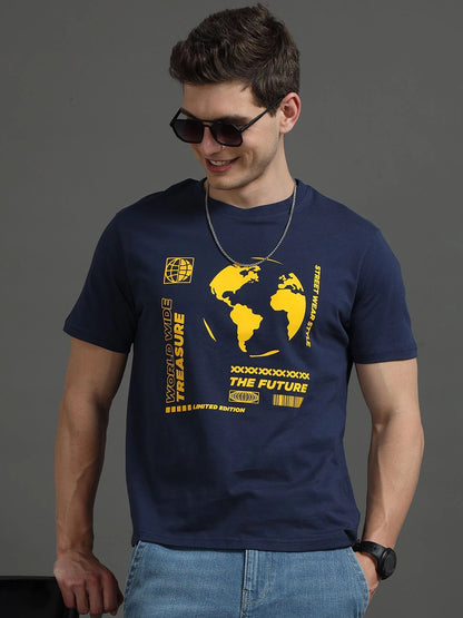 Silisoul Navy Blue Regular Fit Graphic Print Pure Cotton T-Shirt