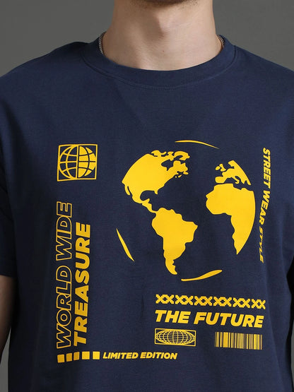 Silisoul Navy Blue Regular Fit Graphic Print Pure Cotton T-Shirt