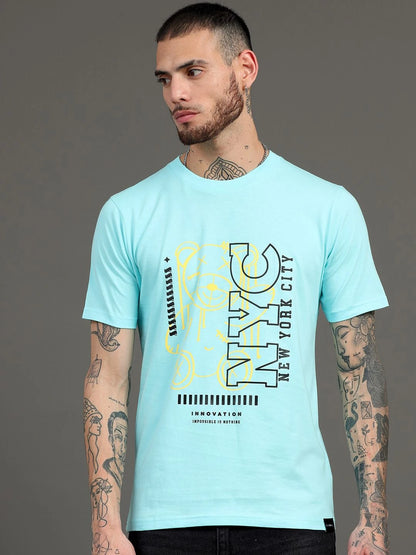 Silisoul Blue Regular Fit Typography Print Pure Cotton T-Shirt