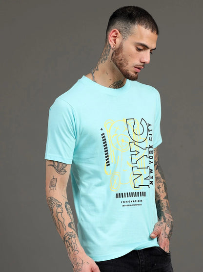 Silisoul Blue Regular Fit Typography Print Pure Cotton T-Shirt