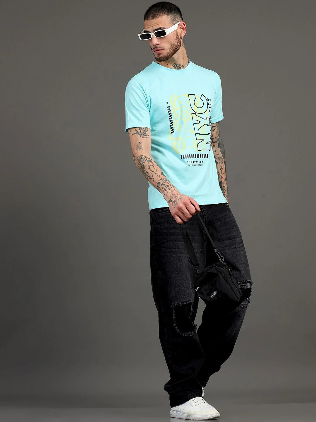 Silisoul Blue Regular Fit Typography Print Pure Cotton T-Shirt