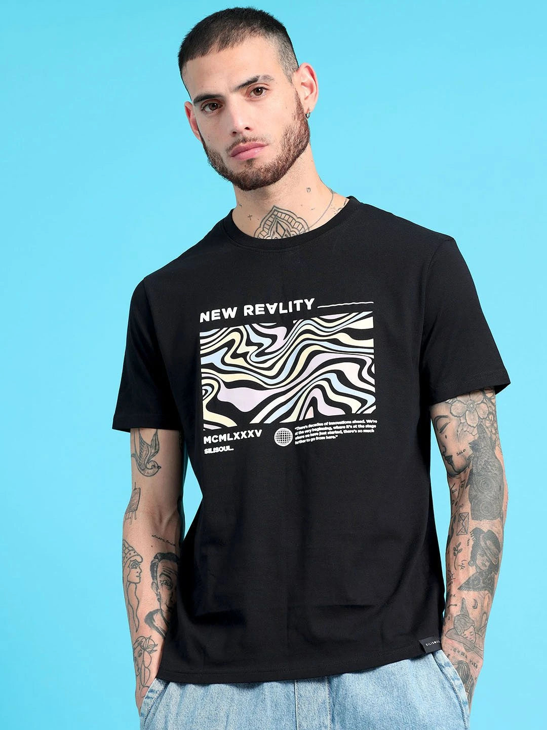 Silisoul Black Regular Fit Graphic Print Cotton Short Sleeves T-Shirt