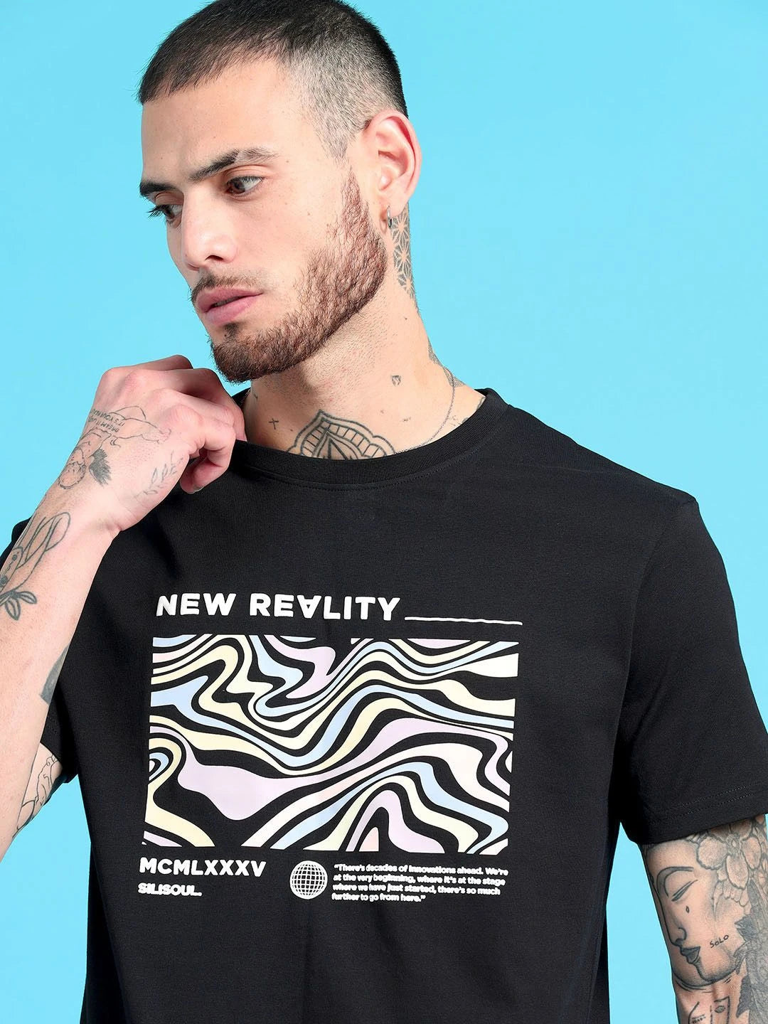 Silisoul Black Regular Fit Graphic Print Cotton Short Sleeves T-Shirt