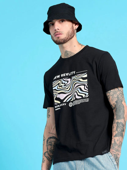 Silisoul Black Regular Fit Graphic Print Cotton Short Sleeves T-Shirt