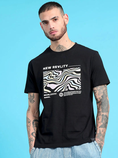 Silisoul Black Regular Fit Graphic Print Cotton Short Sleeves T-Shirt