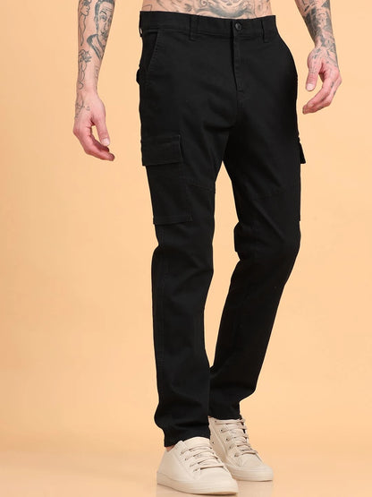Silisoul Black Regular Fit Cotton Mid-Rise Button Woven Trousers