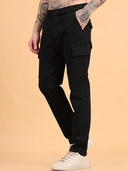 Silisoul Black Regular Fit Cotton Mid-Rise Button Woven Trousers