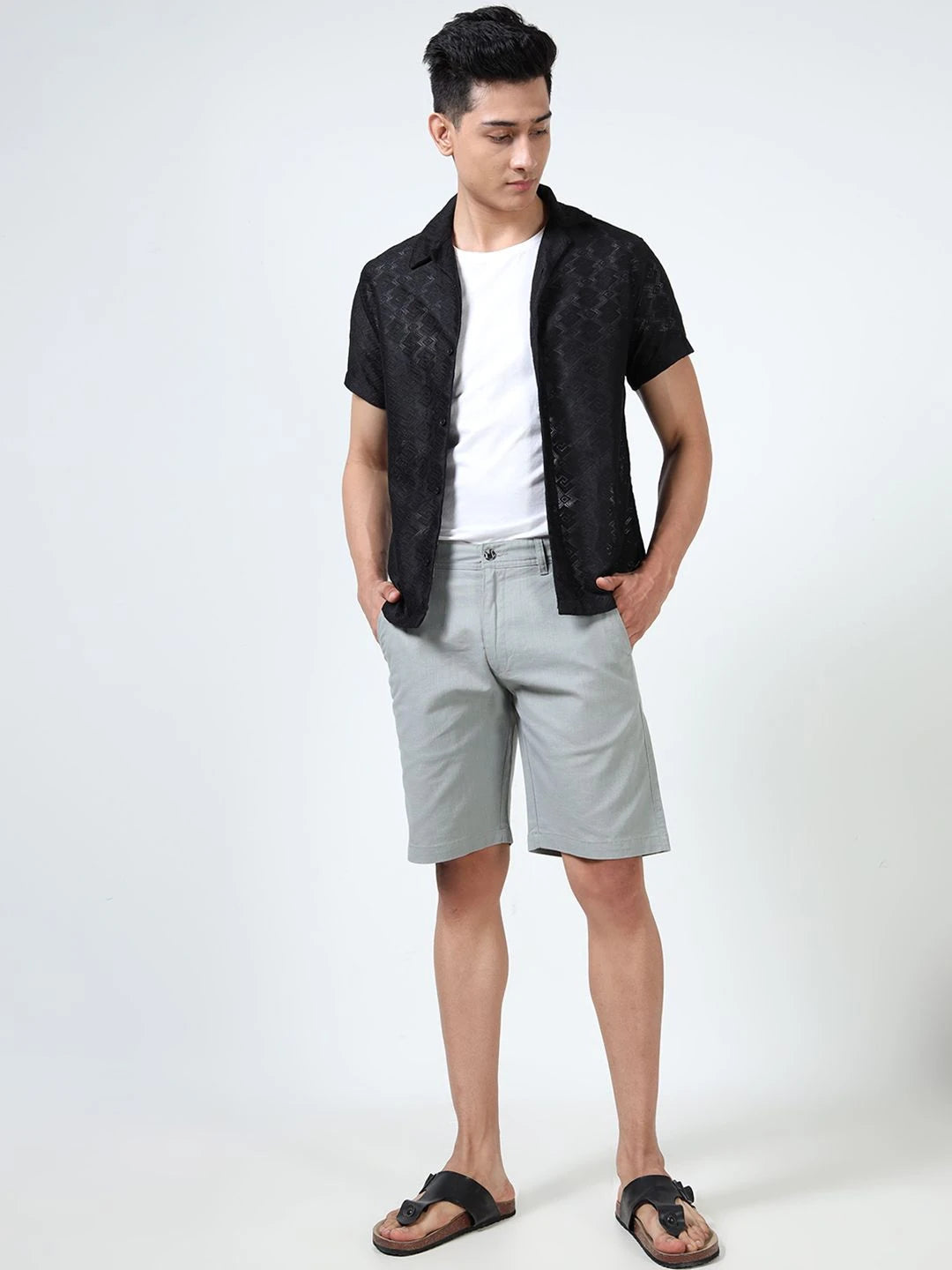 Silisoul Grey Regular Fit Linen Mid-Rise Button Knee Length Shorts