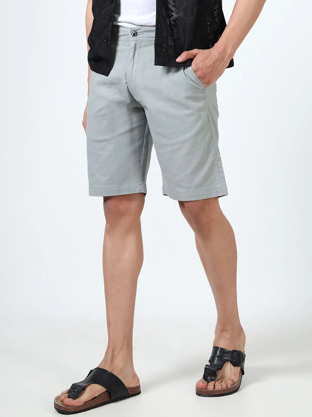 Silisoul Grey Regular Fit Linen Mid-Rise Button Knee Length Shorts