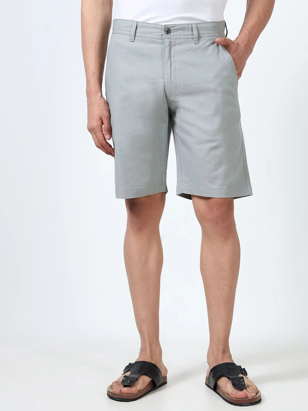 Silisoul Grey Regular Fit Linen Mid-Rise Button Knee Length Shorts