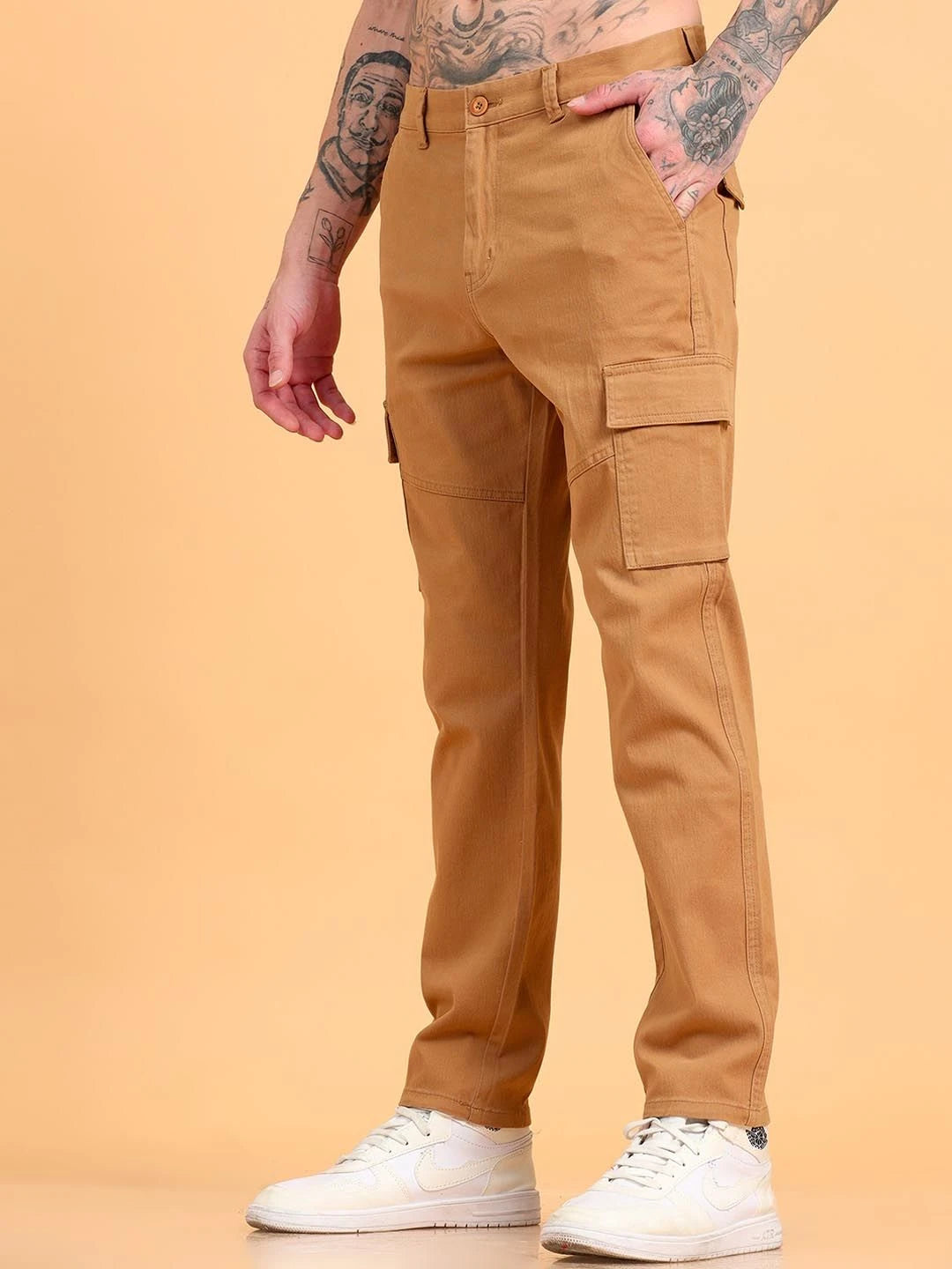 Silisoul Khaki Regular Fit Cotton Mid-Rise Button Trousers