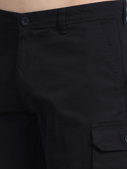 Silisoul Black Regular Fit Cotton Mid-Rise Button Above Knee Length Shorts