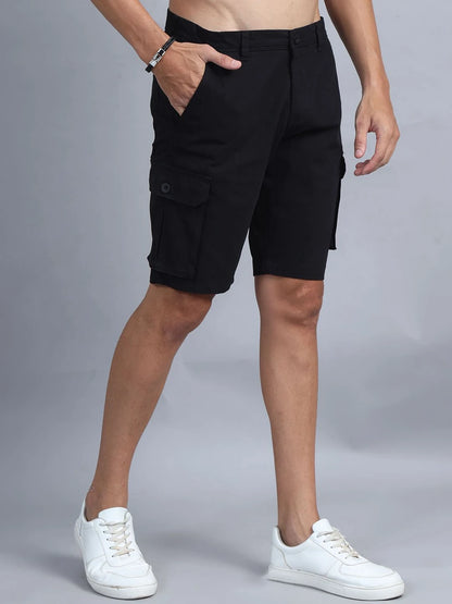 Silisoul Black Regular Fit Cotton Mid-Rise Button Above Knee Length Shorts
