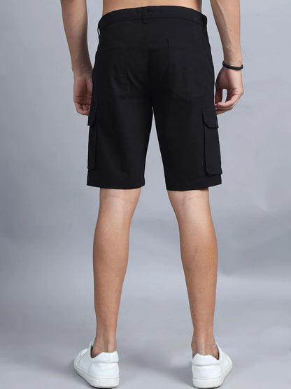Silisoul Black Regular Fit Cotton Mid-Rise Button Above Knee Length Shorts
