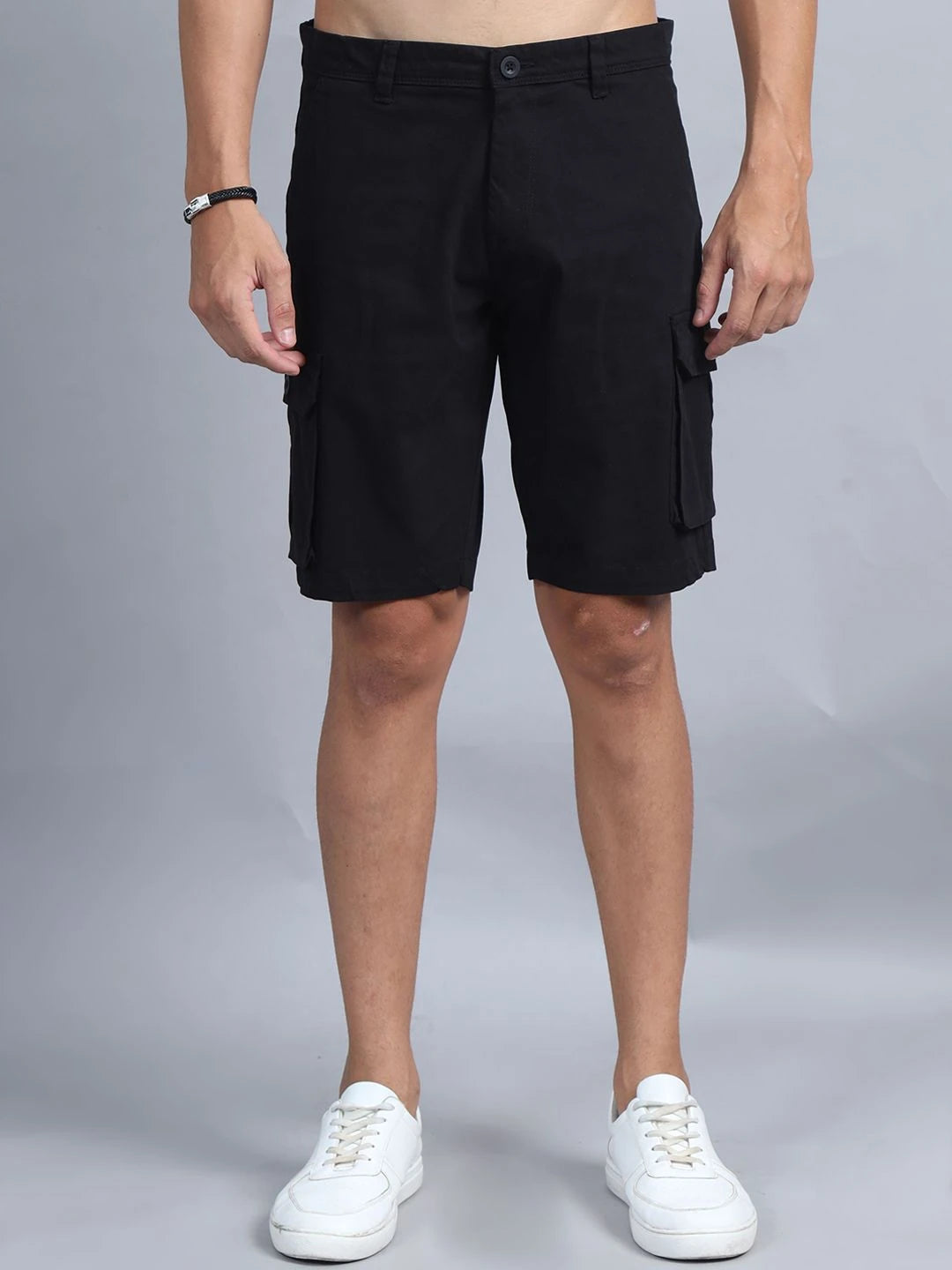Silisoul Black Regular Fit Cotton Mid-Rise Button Above Knee Length Shorts