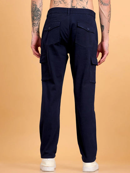 Silisoul Navy Blue Regular Fit Cotton Mid-Rise Button Trousers