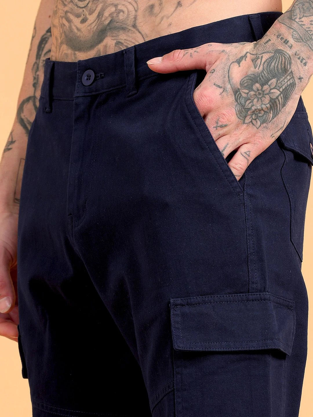 Silisoul Navy Blue Regular Fit Cotton Mid-Rise Button Trousers