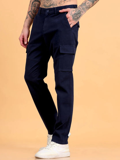 Silisoul Navy Blue Regular Fit Cotton Mid-Rise Button Trousers