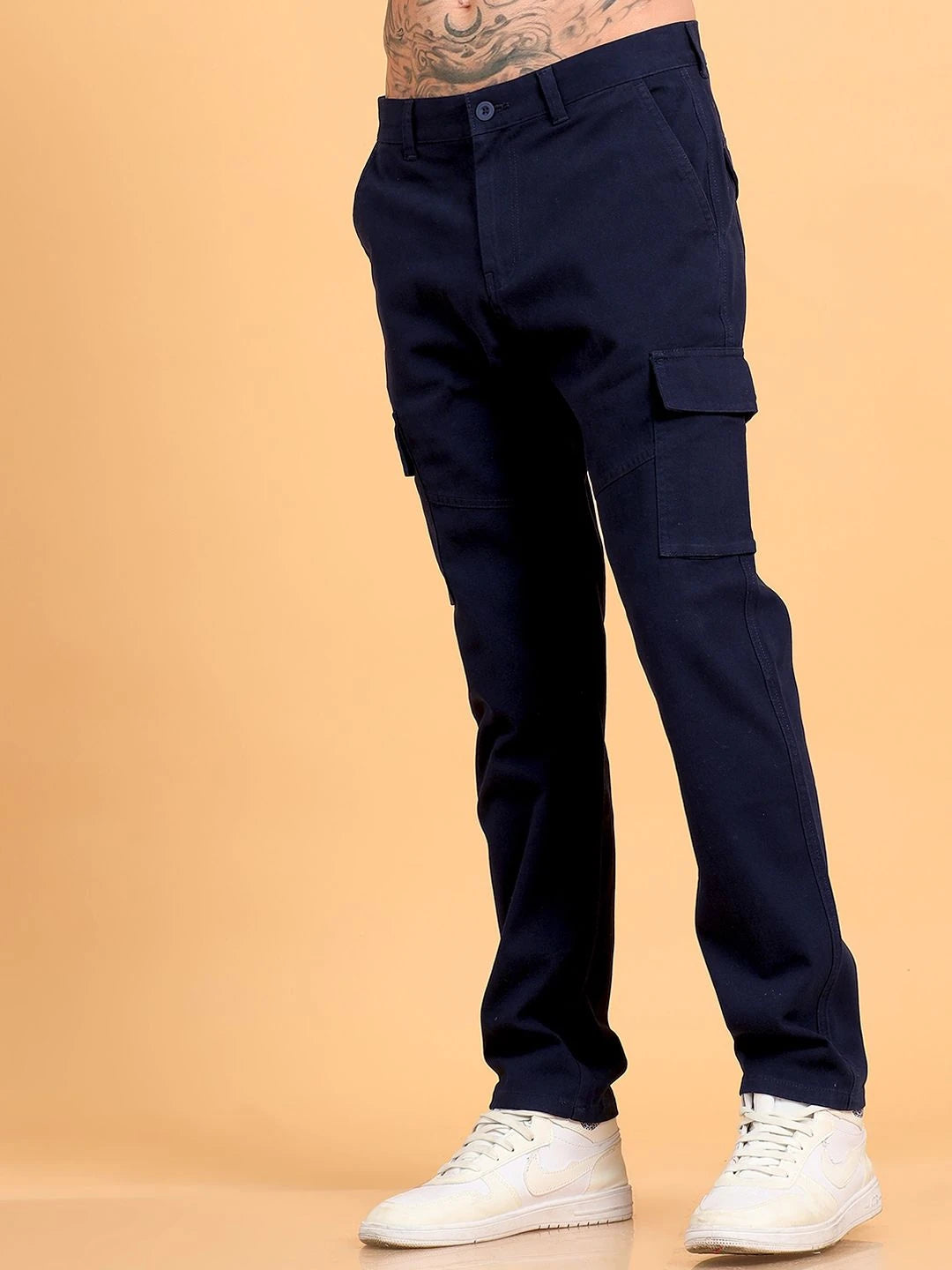 Silisoul Navy Blue Regular Fit Cotton Mid-Rise Button Trousers