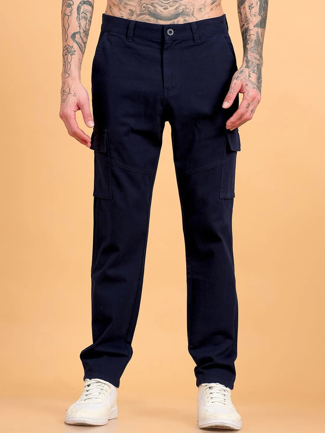 Silisoul Navy Blue Regular Fit Cotton Mid-Rise Button Trousers