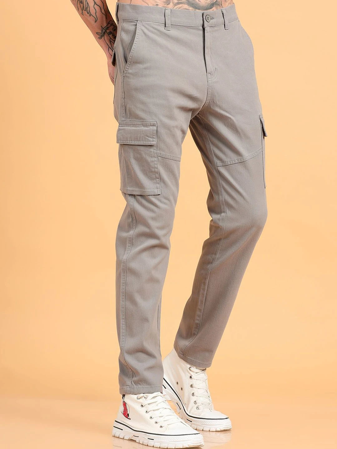 Silisoul Grey Regular Fit Cotton Mid-Rise Button Trousers