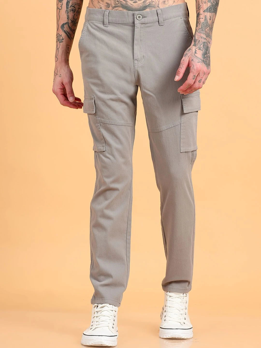 Silisoul Grey Regular Fit Cotton Mid-Rise Button Trousers