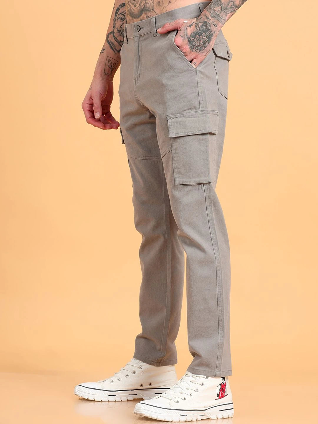 Silisoul Grey Regular Fit Cotton Mid-Rise Button Trousers
