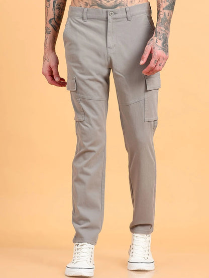 Silisoul Grey Regular Fit Cotton Mid-Rise Button Trousers