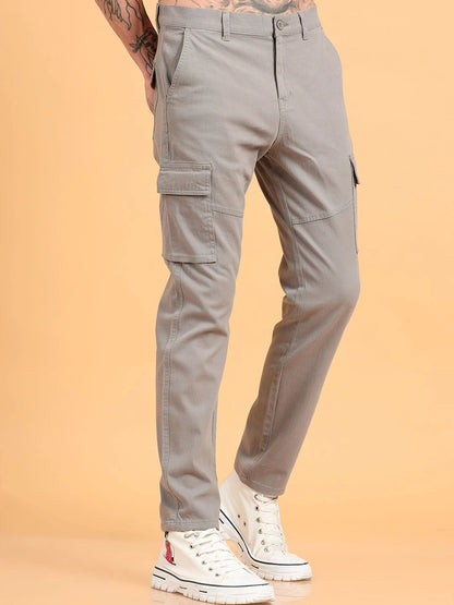 Silisoul Grey Regular Fit Cotton Mid-Rise Button Trousers