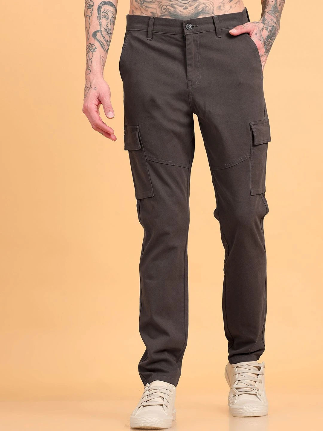 Silisoul Grey Regular Fit Cotton Mid-Rise Button Zip Fly Trousers