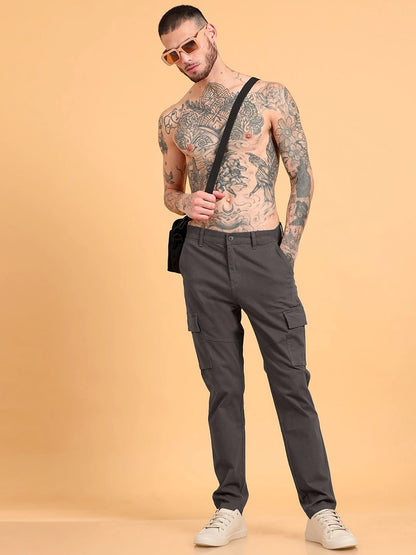 Silisoul Grey Regular Fit Cotton Mid-Rise Button Zip Fly Trousers