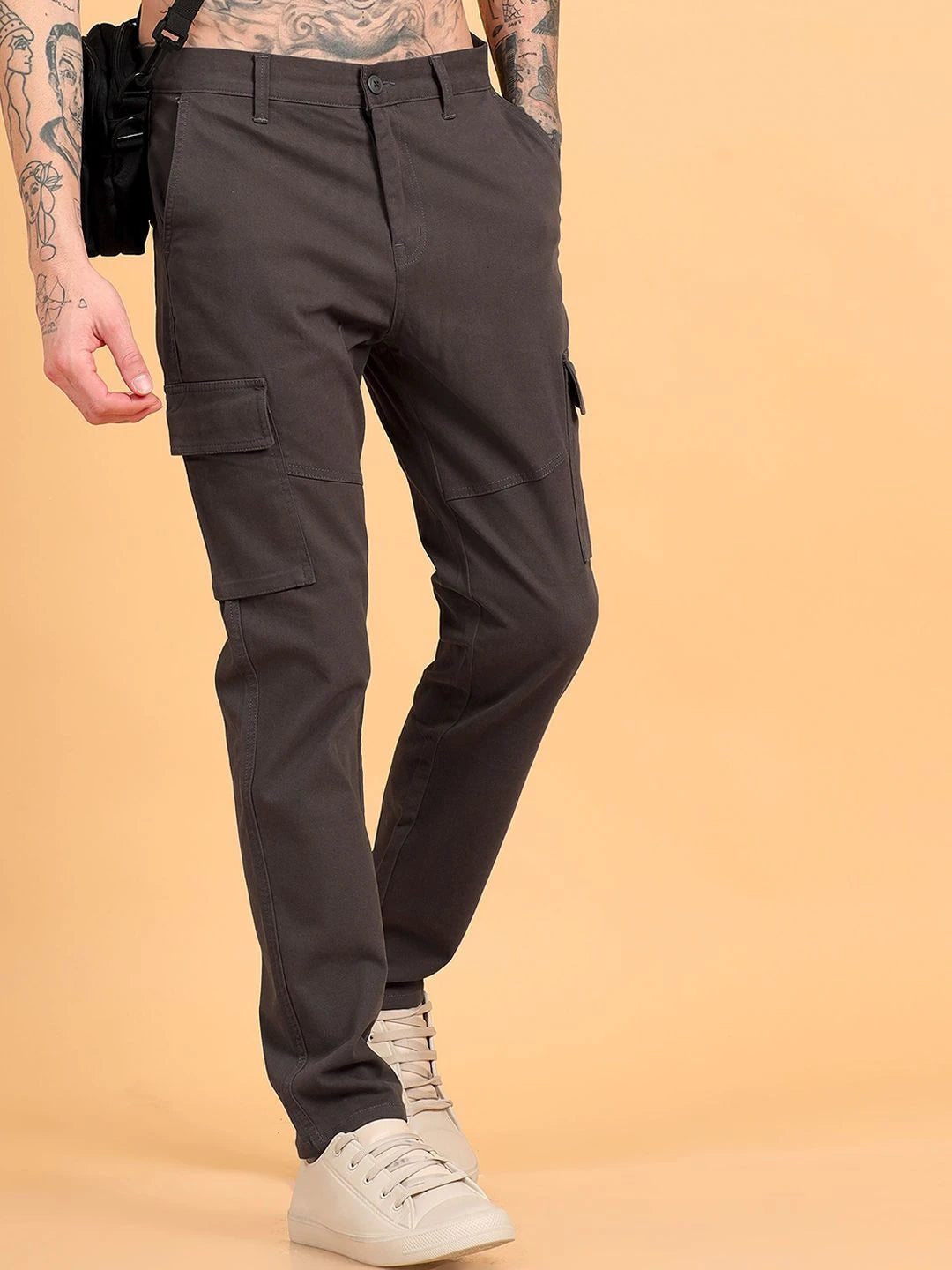 Silisoul Grey Regular Fit Cotton Mid-Rise Button Zip Fly Trousers
