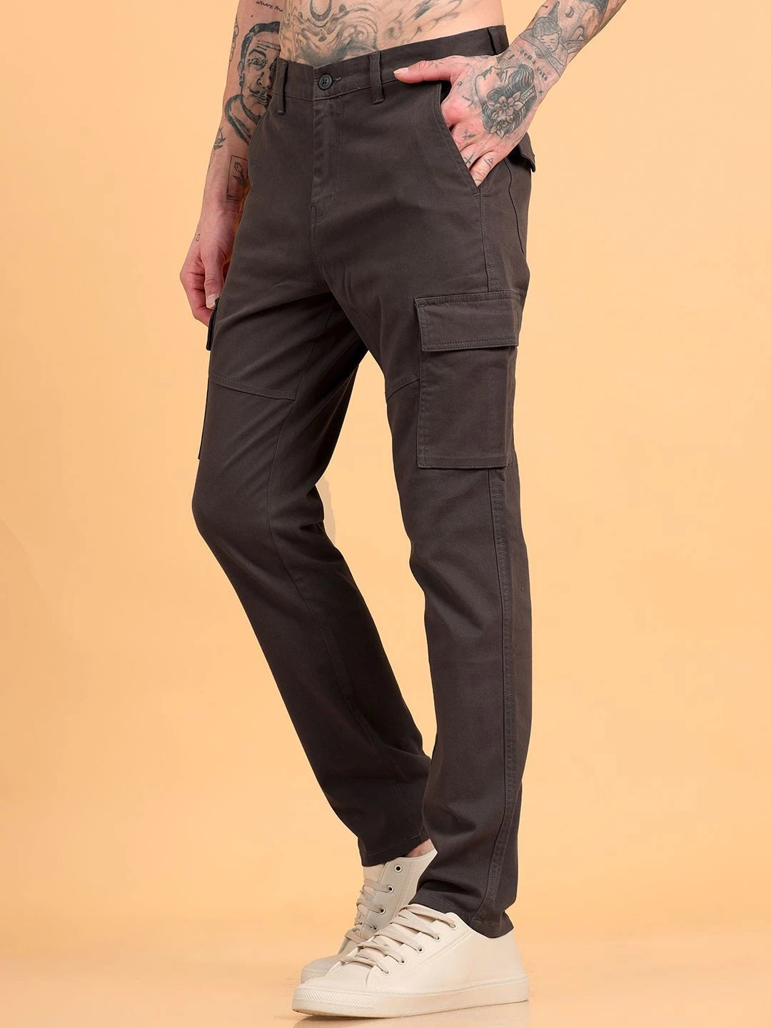 Silisoul Grey Regular Fit Cotton Mid-Rise Button Zip Fly Trousers