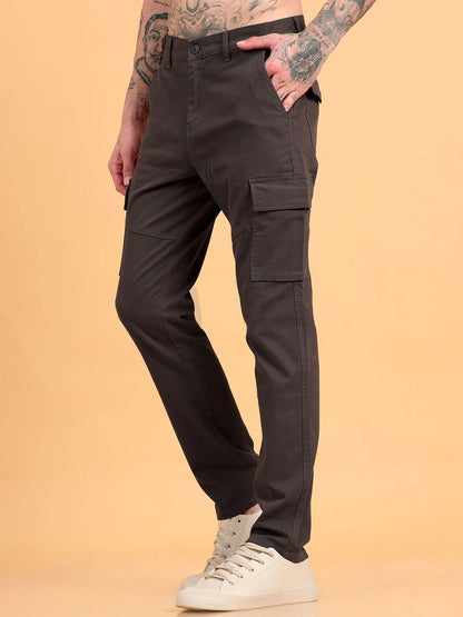Silisoul Grey Regular Fit Cotton Mid-Rise Button Zip Fly Trousers