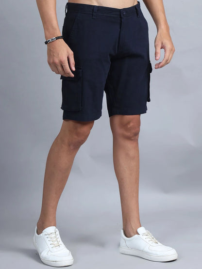 Silisoul Navy Blue Regular Fit Cotton Mid-Rise Button Above Knee Length Shorts