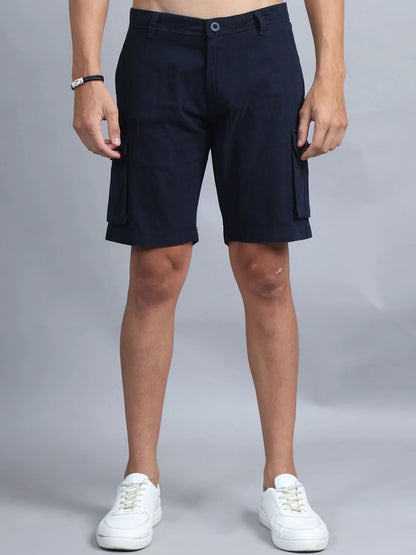 Silisoul Navy Blue Regular Fit Cotton Mid-Rise Button Above Knee Length Shorts