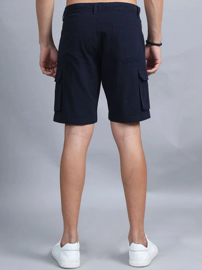 Silisoul Navy Blue Regular Fit Cotton Mid-Rise Button Above Knee Length Shorts