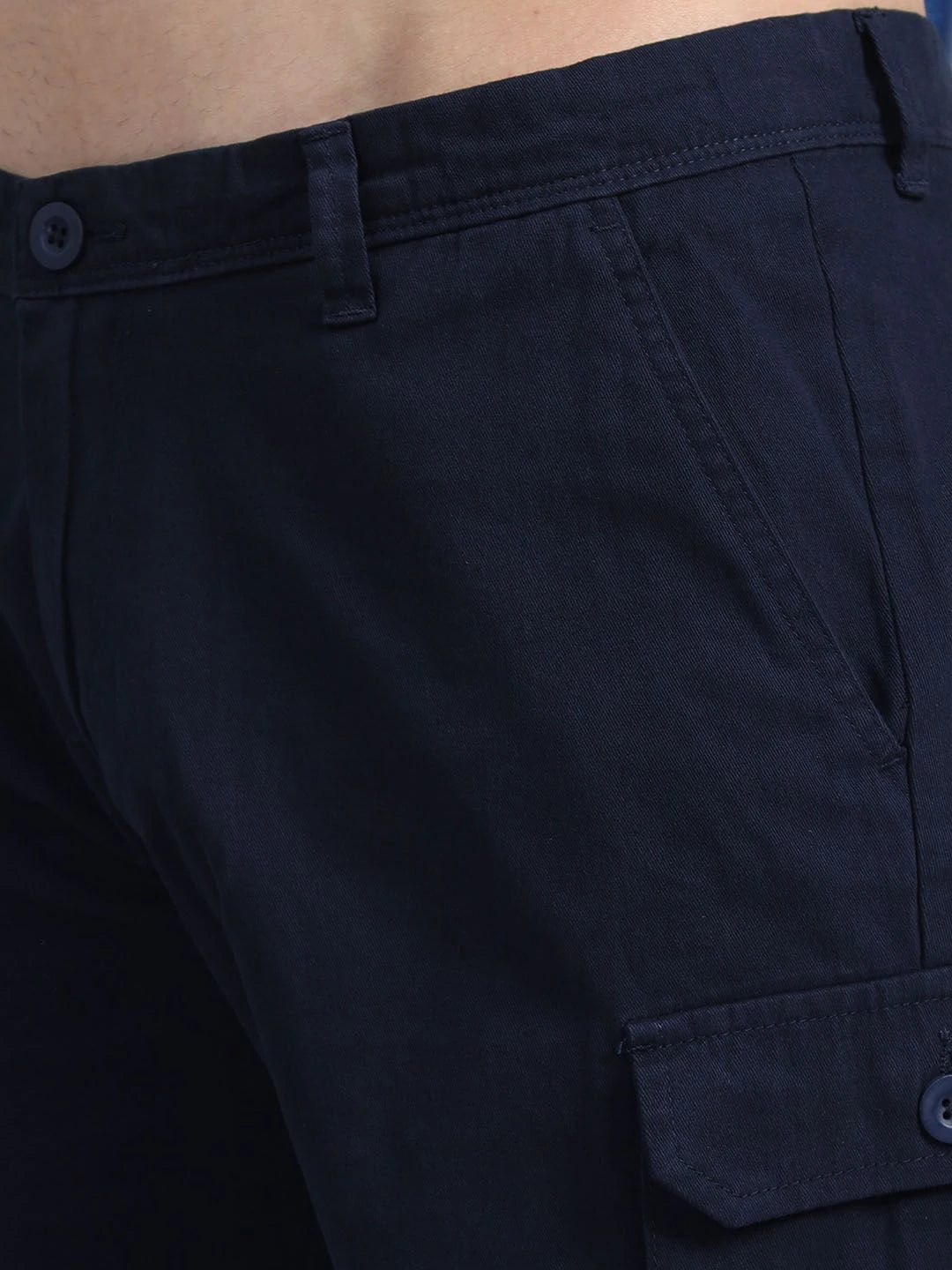 Silisoul Navy Blue Regular Fit Cotton Mid-Rise Button Above Knee Length Shorts