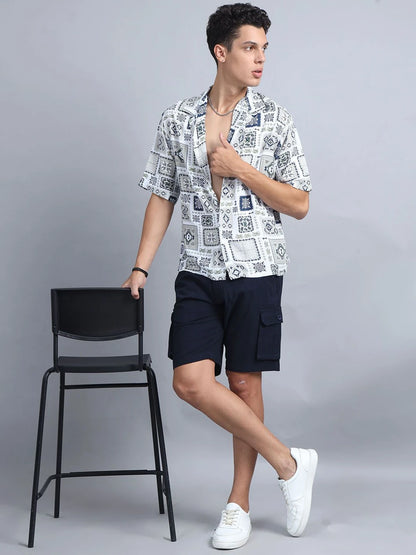 Silisoul Navy Blue Regular Fit Cotton Mid-Rise Button Above Knee Length Shorts