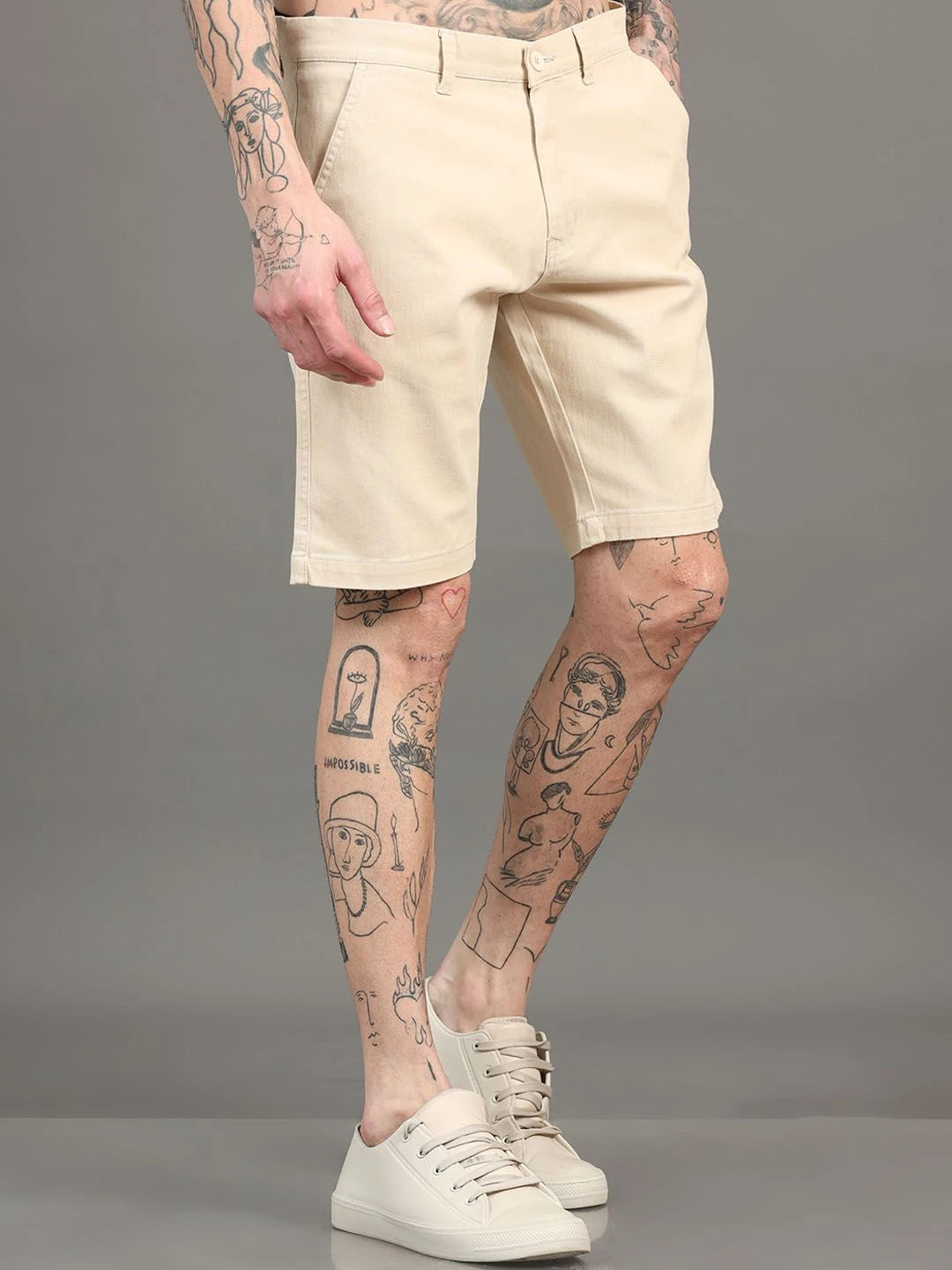 Silisoul Beige Regular Fit Cotton Mid-Rise Button Shorts