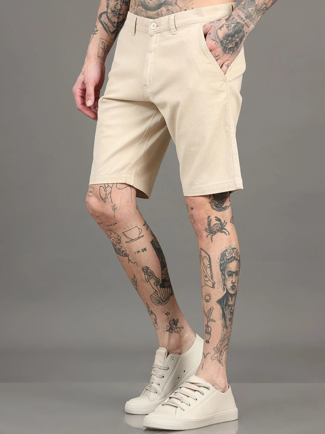 Silisoul Beige Regular Fit Cotton Mid-Rise Button Shorts