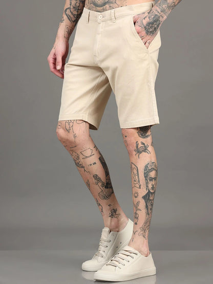 Silisoul Beige Regular Fit Cotton Mid-Rise Button Shorts