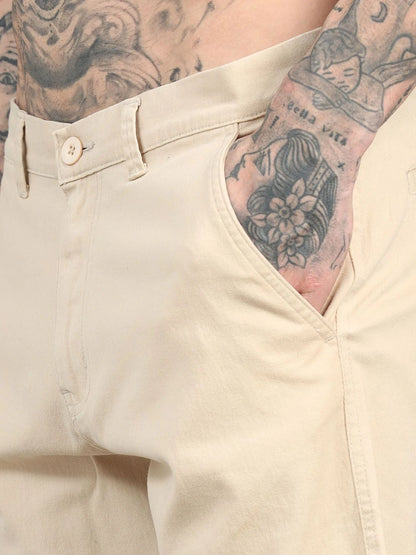 Silisoul Beige Regular Fit Cotton Mid-Rise Button Shorts